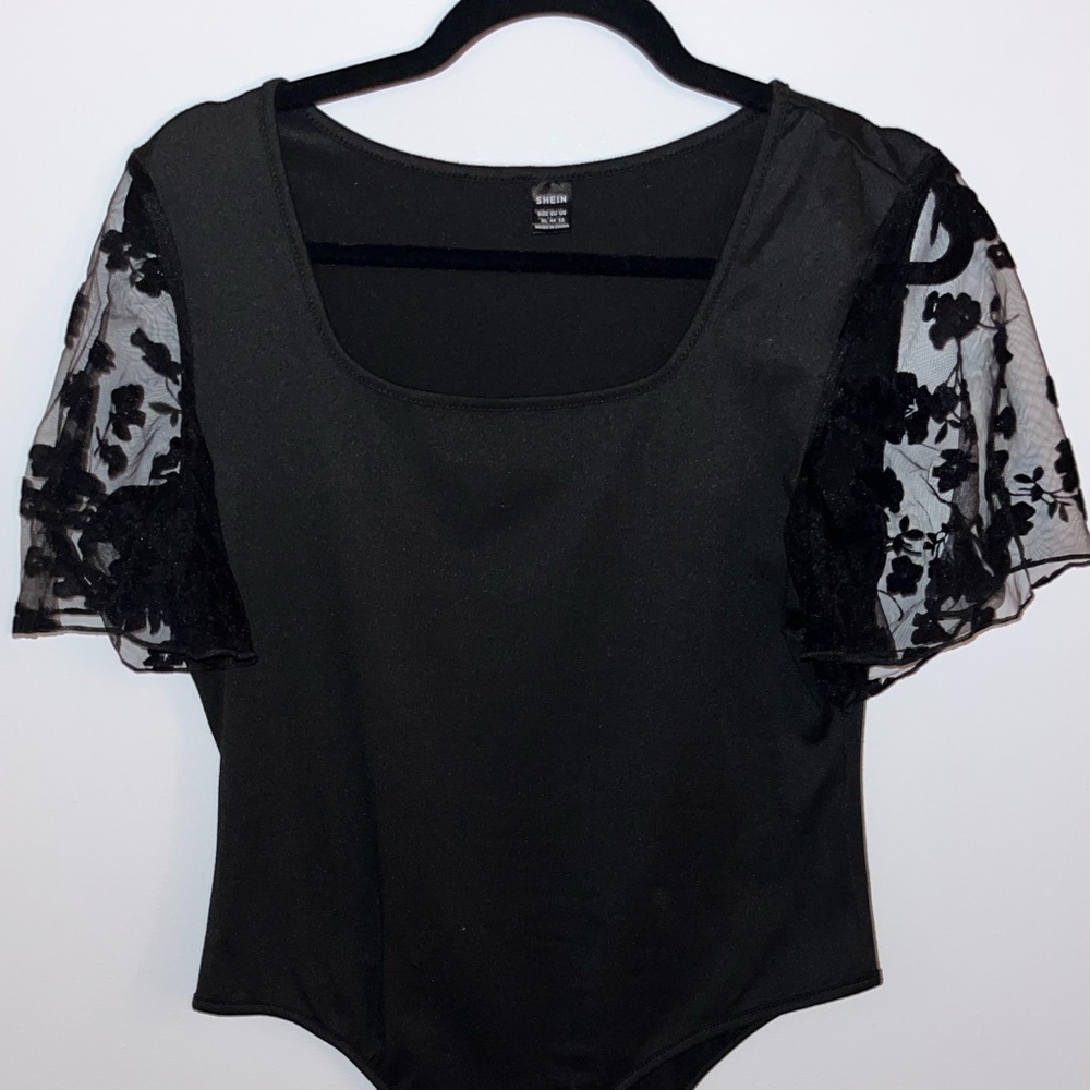 Shein Black Square Neck bodysuit Ruffle Mesh short sleeve size XL